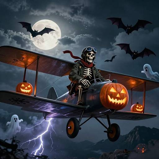Skeleton pilot in Halloween-themed biplane with glowing jack-o'-lanterns, bats, ghost, and lightning under full moon, dark stormy sky