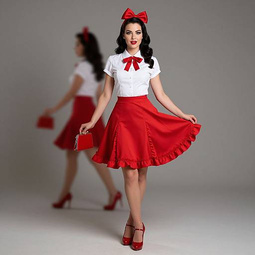 Photograph of a fair-skinned woman with black hair, wearing a white blouse, red bow, red skirt, and red heels, holding a red
