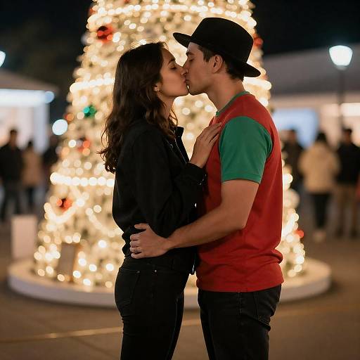 Couple Kissing by Christmas Tree Lights