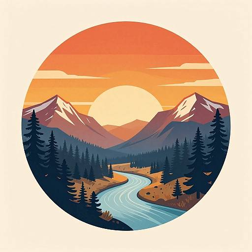 Retro Minimalist Cascade Mountain Sunset