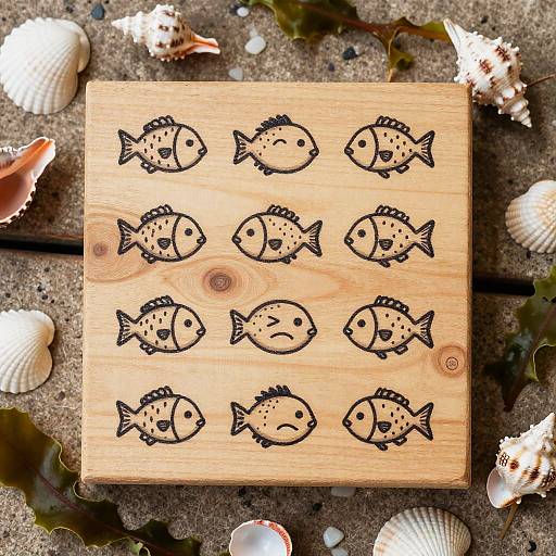 Whimsical Fish Emojis on Wood