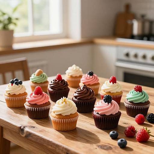 Photograph of colorful cupcakes with swirled frosting (chocolate, mint, pink, white) topped with berries (raspberries, blackberries