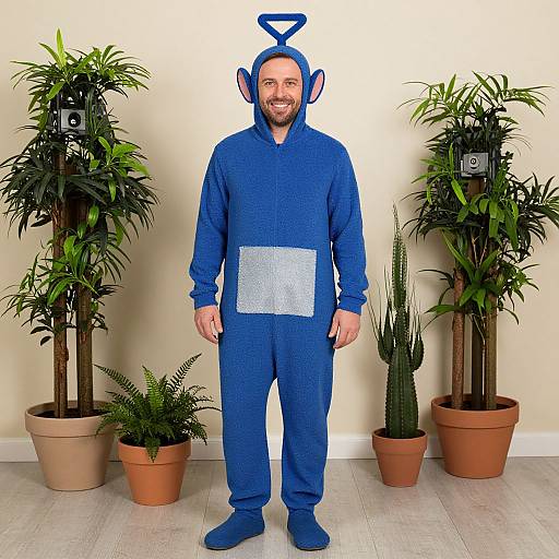 Photograph of a smiling man in a blue, cartoon-style costume with a hood, standing in front of four potted plants.