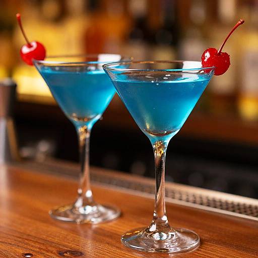 Photograph of two vibrant blue cocktails with cherry garnishes on clear martini glasses, placed on a wooden bar counter. Blurred background of a lit