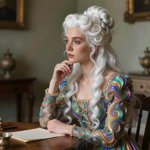 Woman in Iridescent Swirl Dress with White Hair