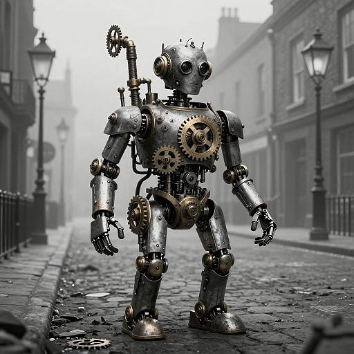 Photorealistic CGI of a steampunk robot with brass gears and pipes, standing on a foggy, cobblestone street with lamppost