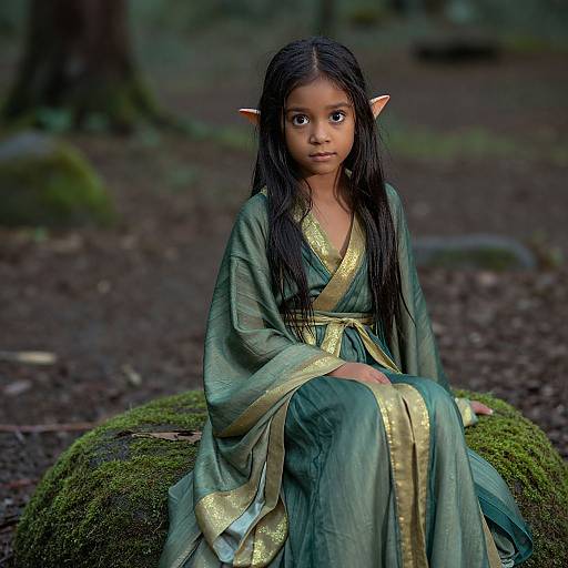 Photograph of a young girl with long black hair, elf ears, and brown eyes, sitting on a mossy rock in a dark forest, wearing