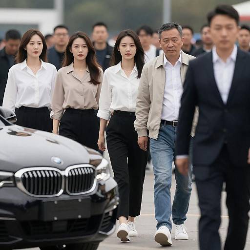 Four People Walking Beside BMW