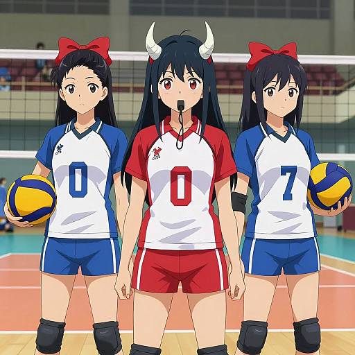 Anime-style digital illustration of three volleyball players with black hair, red and blue uniforms, holding a volleyball, standing on a court. One wears horns,
