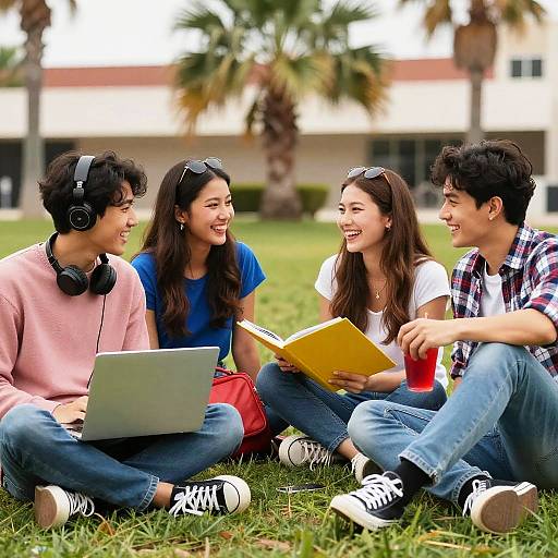 Four Friends Chatting on Sunny Lawn