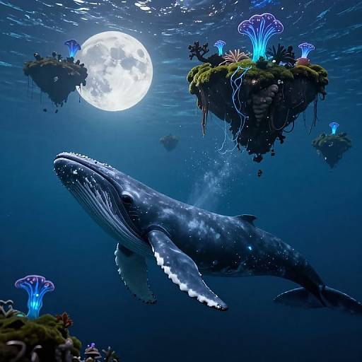 Digital fantasy artwork: A massive blue whale swims beneath a glowing full moon, surrounded by floating, bioluminescent islands with glowing mushrooms and coral.