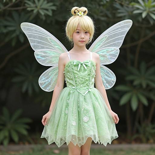 Photograph of a young Asian girl with blonde hair in a bun, wearing a green fairy dress and transparent wings, standing against a dark green leafy
