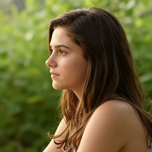 Photograph of a young woman with long brown hair, fair skin, and brown eyes, looking in profile, set against a blurred green leafy background