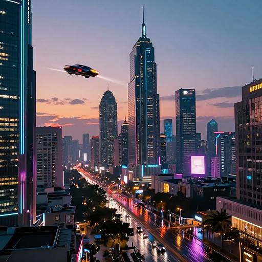 Digital artwork of a futuristic cityscape at dusk, featuring neon-lit skyscrapers, a flying black drone, and illuminated streets, with a vibrant