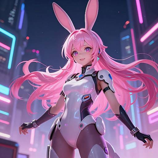 Digital anime artwork of a pink-haired, purple-eyed bunny girl in a white, futuristic bodysuit, standing confidently in a neon-lit cityscape