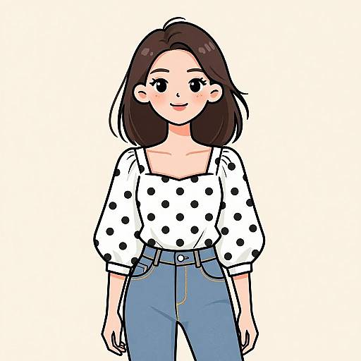Digital drawing of a cute, smiling Asian woman with shoulder-length brown hair, wearing a white polka dot blouse and blue jeans.
