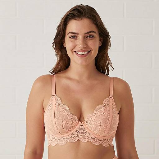 Smiling Woman in Peach Lace Bra