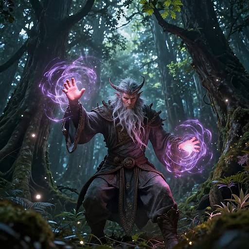 Digital fantasy artwork of a white-haired, horned wizard with glowing purple magic circles on his hands, standing in a dark, enchanted forest.