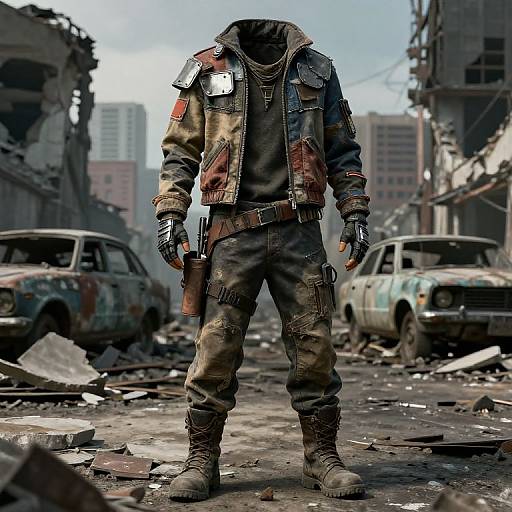 Photorealistic digital art of a faceless, armored figure standing in a post-apocalyptic street with ruined cars and debris, wearing a worn, patch