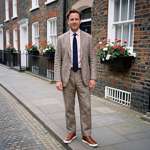 Photograph of a smiling, light-skinned man with short brown hair in a gray plaid suit, white shirt, black tie, and brown sneakers
