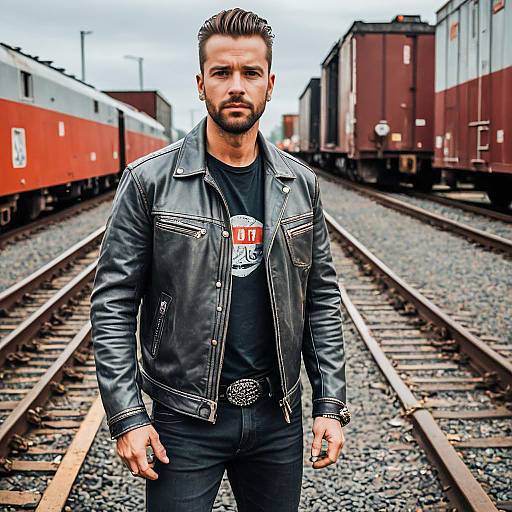 Man in Leather Jacket on Railway Tracks
