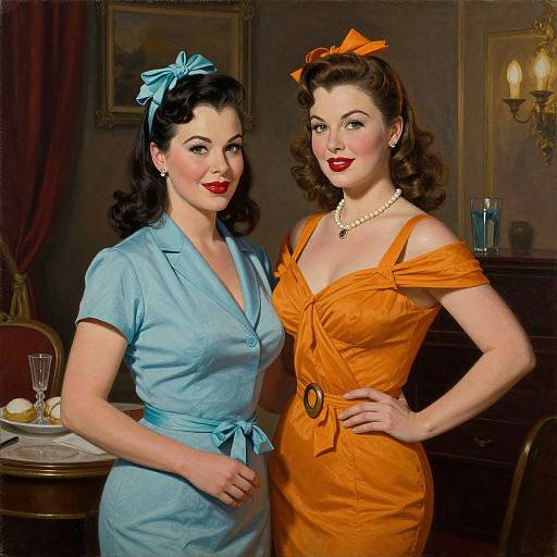 Vintage photograph of two stylish women in 1950s dresses, one in blue, one in orange, with hairbows, red lipstick, and pearl