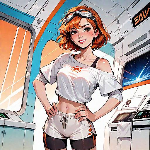 Digital comic-style illustration of a confident red-haired woman with goggles, white off-shoulder top, white shorts, and black leggings in a futuristic spaceship