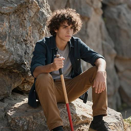 Sunlit Young Hiker on Red Rocks
