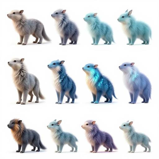 Digital CGI image of 12 fluffy, anthropomorphic fox-like creatures, each with unique fur colors and shades, arranged in a 3x4 grid