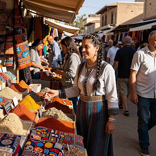 Photograph of a young woman with braided hair, wearing a traditional white and colorful embroidered dress, selling spices at a vibrant outdoor market with colorful textiles