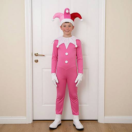 Photograph of a young child in a pink clown costume with white collar, gloves, and hat, standing in front of a white door.