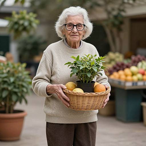 Photograph of an elderly white woman with white hair, glasses, beige sweater, holding a basket of apples and herbs, standing outdoors.