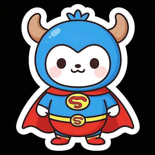 Cute cartoon bear superhero with blue helmet, red cape, blue shirt, red pants, yellow belt, and 