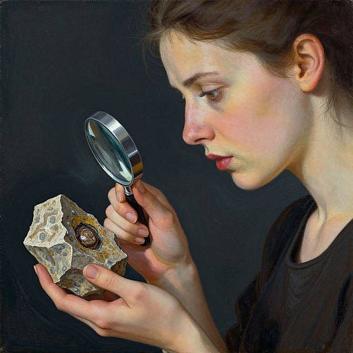 Young woman with fair skin and brown hair examines a textured rock with a magnifying glass against a dark background.