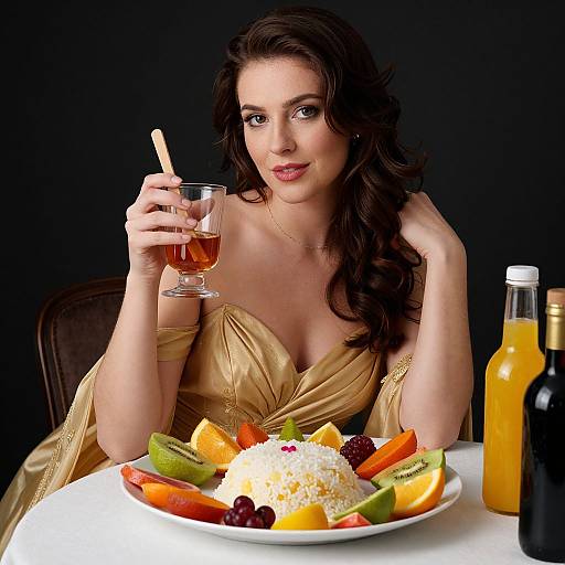 Photograph of a fair-skinned woman with dark, wavy hair, wearing a gold off-shoulder dress, sipping iced tea,