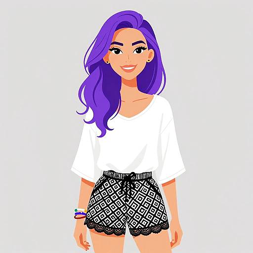 Digital illustration of a smiling woman with vibrant purple hair, wearing a white top and black patterned shorts, standing against a white background.