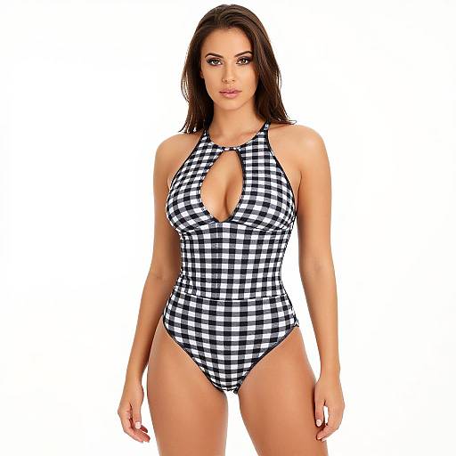 Photograph of a brunette woman with straight hair, wearing a black-and-white checkered halter one-piece swimsuit with a keyhole cutout,
