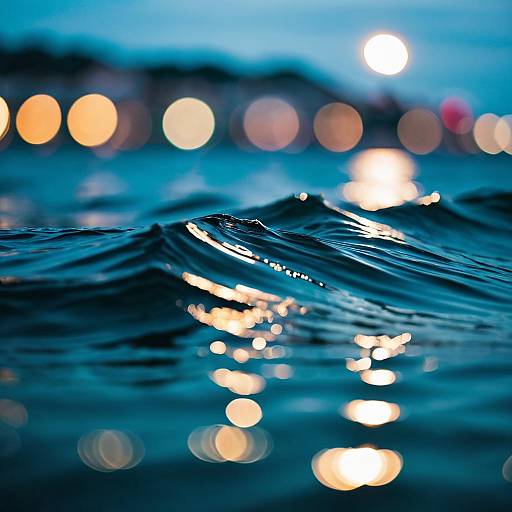 Close-up Ocean Waves with Night Bokeh Lights