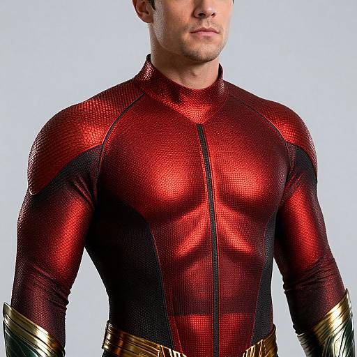 Photograph of a muscular man with light skin wearing a red, metallic, form-fitting superhero suit with black accents and gold stripes.