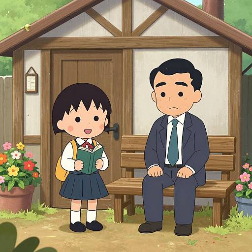 Digital anime-style illustration of a young girl in a school uniform reading a book, and a man in a suit sitting on a bench in front of a