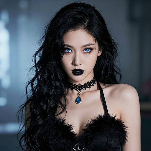 Photograph of a pale-skinned woman with striking blue eyes, long black wavy hair, black lipstick, and a black lace choker with a