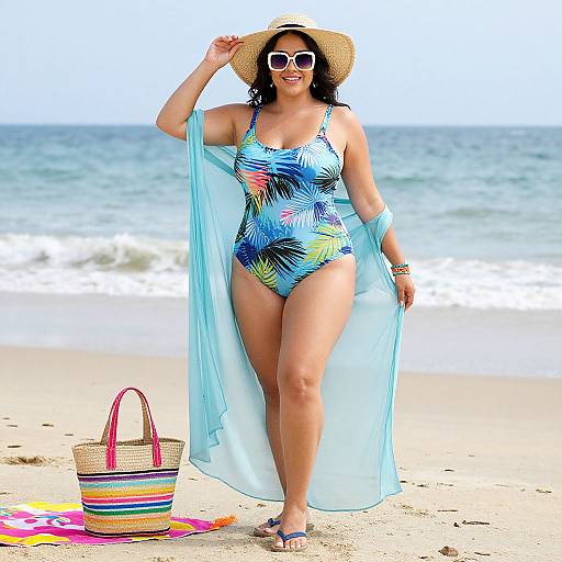 Photograph of a curvy woman with dark hair, wearing a colorful tropical swimsuit, straw hat, white sunglasses, and light blue shawl,
