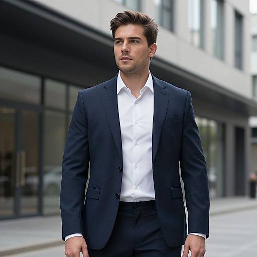 Photograph of a handsome, fair-skinned man with dark brown hair in a sleek black suit and white shirt, standing confidently on a city street with