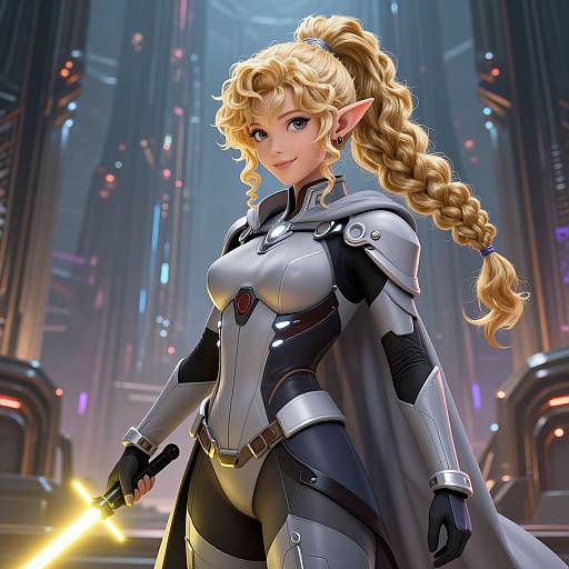 Digital art of a blonde elf woman with a braided ponytail, wearing futuristic silver armor and a black cape, holding a glowing sword in a neon