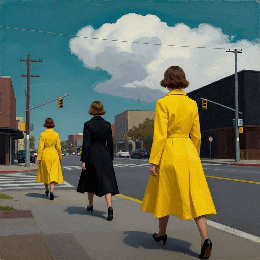 Digital painting of three women walking on a city street; two in bright yellow coats, one in black, under a blue sky with a large white cloud