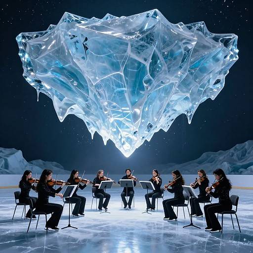 Photograph of a symphony orchestra playing under a large, illuminated, crystalline ice sculpture against a starry night sky backdrop.
