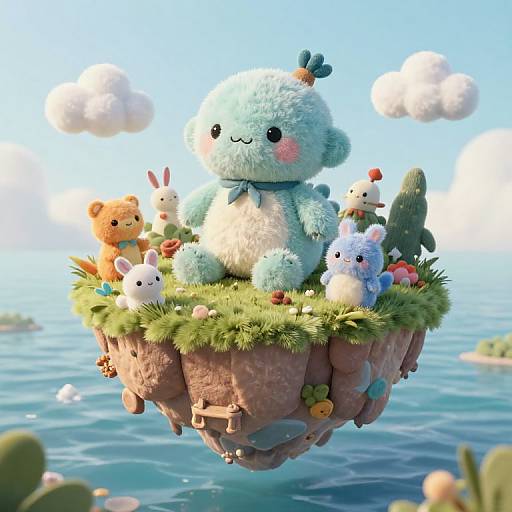 Cute CGI scene: fluffy blue and white plush creature with pink cheeks sits on floating grassy island, surrounded by colorful stuffed animals, against bright blue