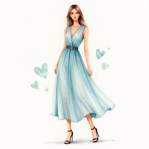 Photograph of a blonde woman in a flowing, sleeveless, light blue dress with a brown belt, black high heels, standing against a white background