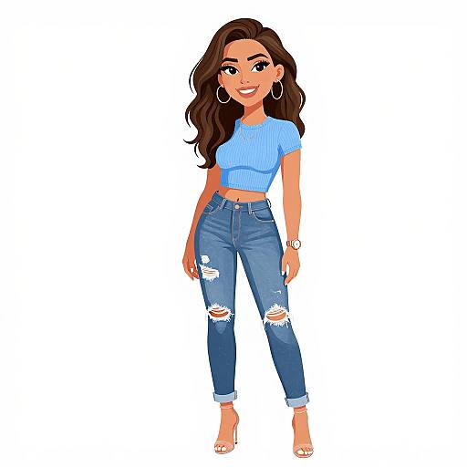 Digital illustration of a smiling young woman with long brown hair, wearing a light blue crop top, ripped blue jeans, and hoop earrings, standing against a
