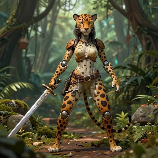 Digital artwork of a muscular anthropomorphic leopard warrior in medieval armor, standing confidently in a lush, sunlit forest, holding a sword.